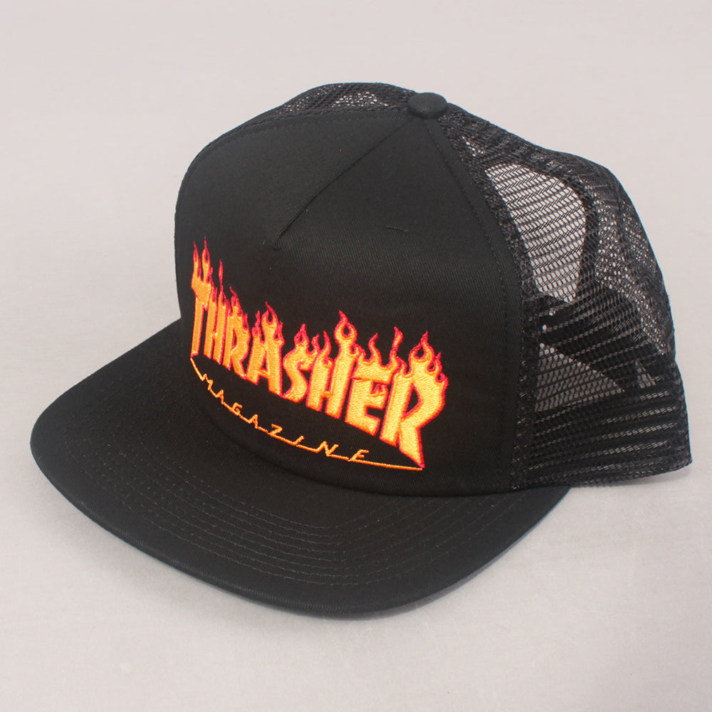 Thrasher Flame Logo Trucker Cap  - Black / Black